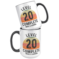 Load image into Gallery viewer, 20th_Anniversary_Mug_Level_20_Complete__15oz_Accent_FrontBack_Black_Mockup.png
