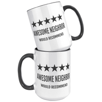 Load image into Gallery viewer, Awesome_Neighbor_Coffee_Mug_-_5_Star_Rev_15oz_Accent_FrontBack_Black_Mockup.png
