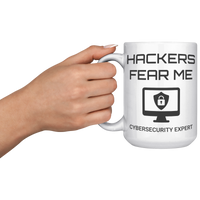 Load image into Gallery viewer, Cybersecurity_Mug_-_Hackers_Fear_Me_15oz_White_LH_Model_Mockup.png
