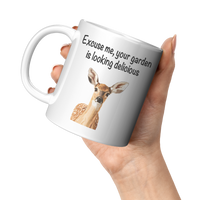 Load image into Gallery viewer, Deer_Mug_Excuse_Me_Your_Garden_Is_Looki_11oz_White_LH_Model_Mockup.png_13577983