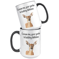 Load image into Gallery viewer, Deer_Mug_Excuse_Me_Your_Garden_Is_Looki_15oz_Accent_FrontBack_Black_Mockup.png_13577991