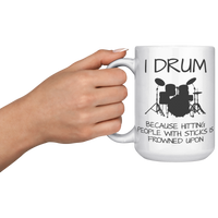 Load image into Gallery viewer, Drummer_Mug_Drummer_Coffee_Mug_Drummer_15oz_White_LH_Model_Mockup.png
