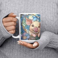 Load image into Gallery viewer, Floral_Pig_Stained_Glass_Mug_15ozWhiteMugLifestyleLHChest_Mockup.png
