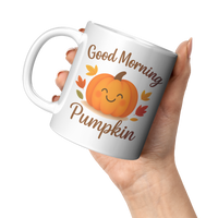 Load image into Gallery viewer, Good_Morning_Pumpkin_Mug_11oz_White_LH_Model_Mockup.png
