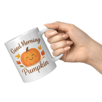 Load image into Gallery viewer, Good_Morning_Pumpkin_Mug_11oz_White_RH_Model_Mockup.png
