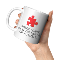 Load image into Gallery viewer, Jigsaw_Puzzle_Lover_Mug_-_Sorry_Im_in__11oz_White_LH_Model_Mockup.png
