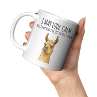 Load image into Gallery viewer, Llama_Mug_-_Ive_Spit_on_You_3_Times_11oz_White_LH_Model_Mockup.png