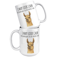Load image into Gallery viewer, Llama_Mug_-_Ive_Spit_on_You_3_Times_15oz_White_Stacked_Mockup.png