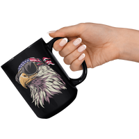 Load image into Gallery viewer, Patriotic_Mug_Funny_Bald_Eagle_with_Ame_15oz_Black_RH_Model_Mockup.png
