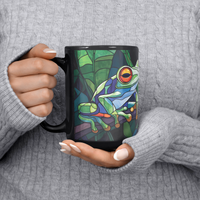 Load image into Gallery viewer, Stained_Glass_Frogs_on_a_Branch_Mug_Lifestyle_LH_Chest_Mockup.png
