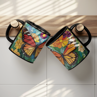 Load image into Gallery viewer, Stained_Glass_Monarch_Butterflies_Coffee_Lifestyle_Hanging_Mugs_Mockup.png
