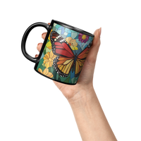 Load image into Gallery viewer, Stained_Glass_Monarch_Butterflies_Coffee_Lifestyle_Raised_Hand_LH_Mockup.png
