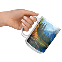 Load image into Gallery viewer, Stained_Glass_Mountain_Range_Mug_15ozWhiteMugLifestyleLHRaisedAngle_Mockup.png
