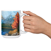 Load image into Gallery viewer, Stained_Glass_Mountain_Range_Mug_15ozWhiteMugLifestyleRHCheers_Mockup.png
