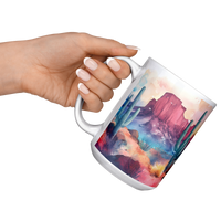Load image into Gallery viewer, Watercolor_Desert_Mug_15ozWhiteMugLifestyleLHRaisedAngle_Mockup.png
