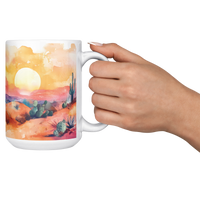 Load image into Gallery viewer, Watercolor_Desert_Mug_15ozWhiteMugLifestyleRHCheers_Mockup.png
