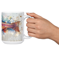 Load image into Gallery viewer, Watercolor_Trout_Mug_15ozWhiteMugLifestyleRHCheers_Mockup.png