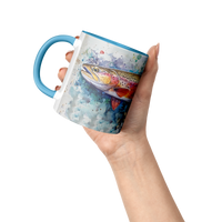 Load image into Gallery viewer, Watercolor_Trout_Mug_Lifestyle_Raised_Hand_LH_Mockup.png