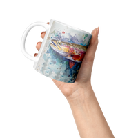 Load image into Gallery viewer, Watercolor_Trout_Mug_Lifestyle_Raised_Hand_LH_Mockup.png